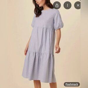 Amour Vert Size Large NEW Adele Dress Shift Navy Stripe Tiered Short Sleeve Midi